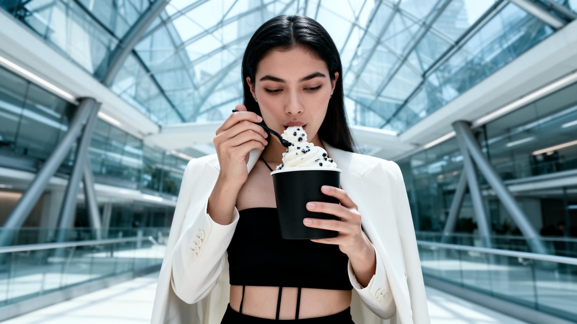 Consumidora premium degustando greek frozen yogurt en arquitectura moderna