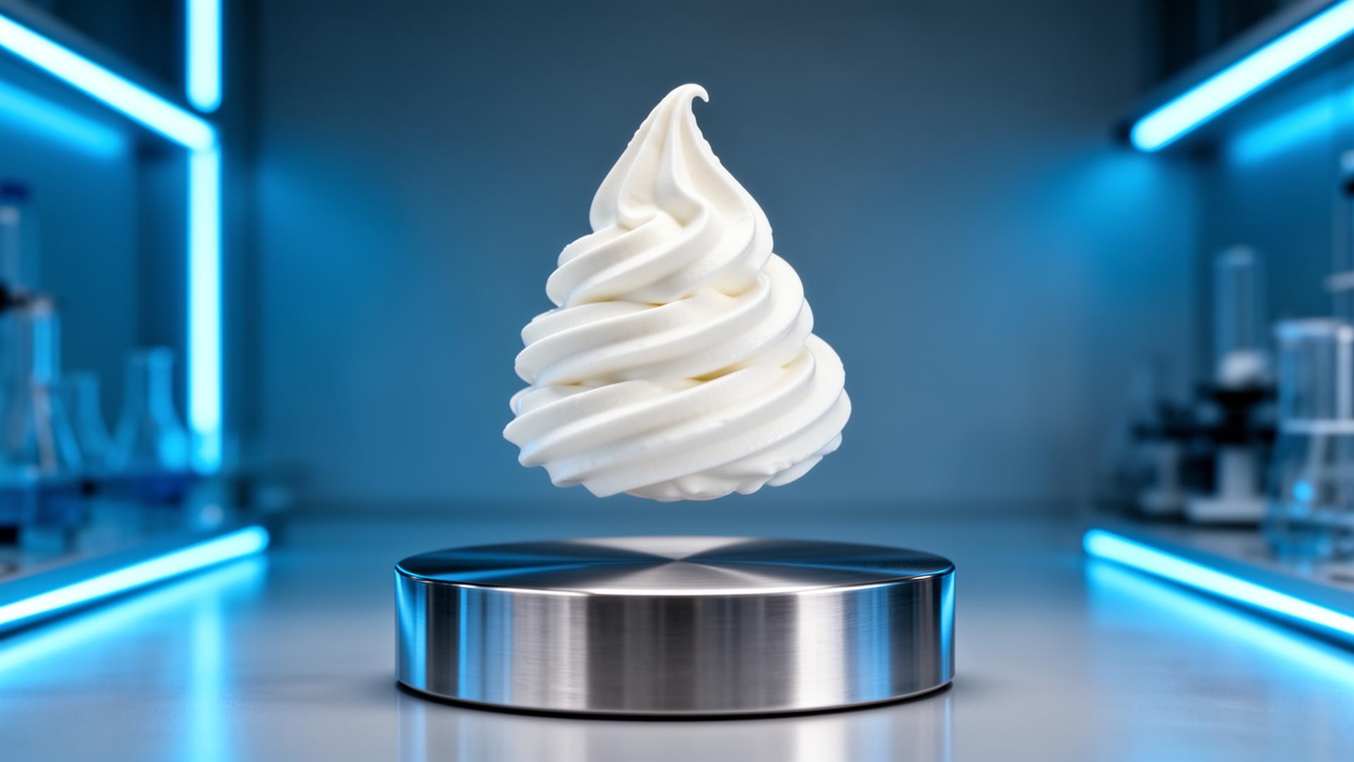 Greek Frozen Yogurt levitando sobre pedestal de aluminio