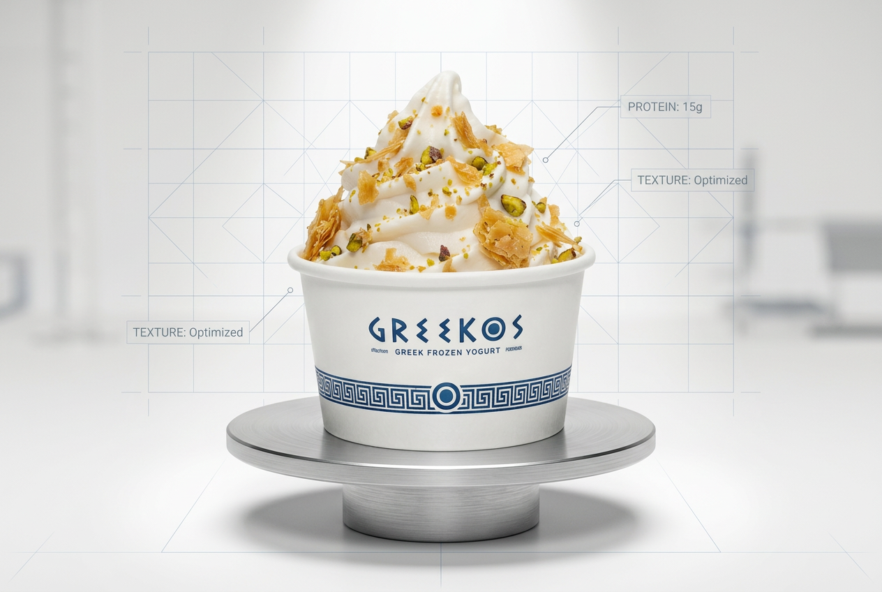 Greek Frozen Yogurt levitando sobre pedestal de aluminio